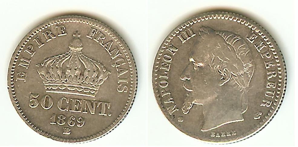 50 centimes Napoléon III, tête laurée 1869BB TB à TB+